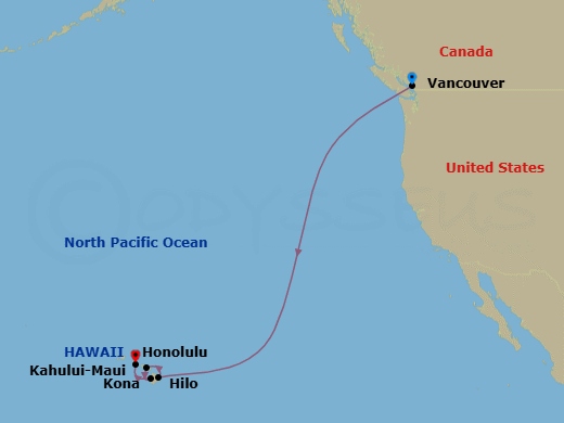 10 Night - Vancouver to Honolulu - Silver Whisper - Starting in Vancouver, Hilo, Hawaii, Kahului, Hawaii, Kailua Kona, Hawaii, Honolulu, Oahu, Hawaii itinerary map