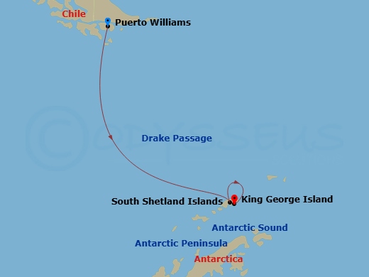 Silver Wind - 9 Night - Puerto Williams to King George Island - Silver Wind - Starting in Puerto Williams, Drake Passage, Antarctic Sound, Antarctic Peninsula, South Shetla.. itinerary map