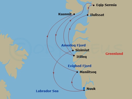 Silver Wind - 7 Night - Nuuk to Nuuk - Silver Wind - Starting in Nuuk (Godthab), Maniitsoq, Kuannit Point, Itilleq, Disko Island, Eqip Sermia Glacier, Ilulissat, Sisimiut,.. itinerary map