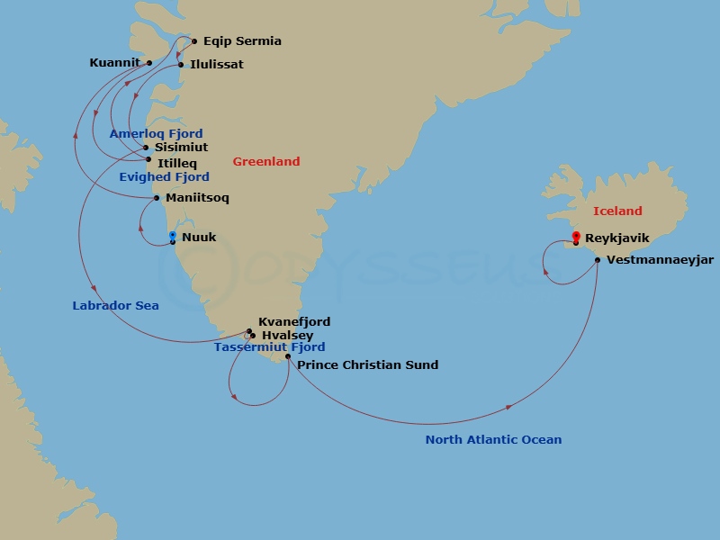 Silver Wind - 13 Night - Nuuk to Reykjavik - Silver Wind - Starting in Nuuk (Godthab), Maniitsoq, Kuannit Point, Itilleq, Disko Island, Eqip Sermia Glacier, Ilulissat, Sisi.. itinerary map