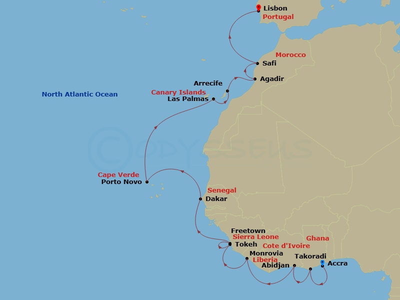 Silver Wind - 20 Night - Tema to Lisbon - Silver Wind - Starting in Tema (Accra), Takoradi, Abidjan, Monrovia, Tokeh, Freetown, Bijagos Archipelago, Dakar, Porto Novo, Las.. itinerary map