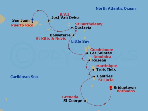 Silver Shadow - 10 Night - San Juan to Bridgetown - Silver Shadow - Starting in San Juan, Jost Van Dyke, British Virgin Islands, Gustavia, St Barthelemy, St Kitts (Basseterre.. itinerary map