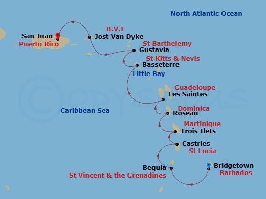 Silver Shadow - 10 Night - Bridgetown to San Juan - Silver Shadow - Starting in Bridgetown, Bequia, Castries, St Lucia, Trois Ilets, Roseau, Les Saintes, Little Bay, Montserr.. itinerary map