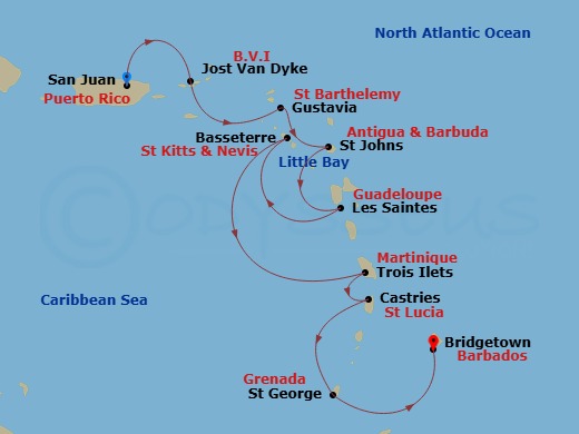 Silver Shadow - 10 Night - San Juan to Bridgetown - Silver Shadow - Starting in San Juan, Jost Van Dyke, British Virgin Islands, Gustavia, St Barthelemy, St Johns, Little Bay.. itinerary map
