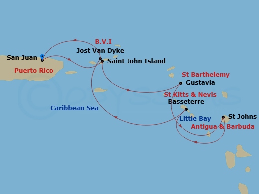 Silver Shadow - 7 Night - San Juan to San Juan - Silver Shadow - Starting in San Juan, St John VI, Gustavia, St Barthelemy, St Johns, Little Bay, Montserrat, St Kitts (Basset.. itinerary map