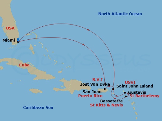 Silver Shadow - 10 Night - Miami to Miami - Silver Shadow - Starting in Miami, Fl, San Juan, St John VI, Gustavia, St Barthelemy, St Kitts (Basseterre), Jost Van Dyke, Britis.. itinerary map