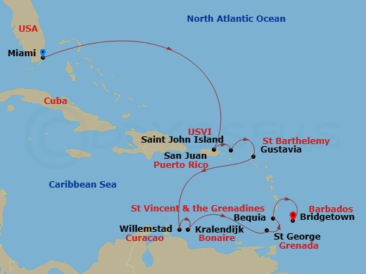 Silver Spirit - 12 Night - Miami to Bridgetown - Silver Spirit - Starting in Miami, Fl, San Juan, St John VI, Gustavia, St Barthelemy, Willemstad AN, Curacao, Kralendijk, Bon.. itinerary map