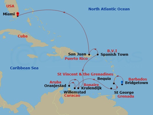 Silver Spirit - 12 Night - Bridgetown to Miami - Silver Spirit - Starting in Bridgetown, Bequia, St Georges, Willemstad AN, Curacao, Oranjestad, Aruba, Kralendijk, Bonaire, S.. itinerary map