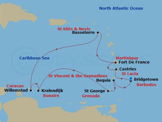 Silver Spirit - 10 Night - Bridgetown to Bridgetown - Silver Spirit - Starting in Bridgetown, Bequia, St Georges, Kralendijk, Bonaire, Willemstad AN, Curacao, St Kitts (Basse.. itinerary map