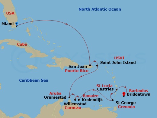 Silver Spirit - 12 Night - Miami to Bridgetown - Silver Spirit - Starting in Miami, Fl, San Juan, St John VI, Oranjestad, Aruba, Willemstad AN, Curacao, Kralendijk, Bonaire,.. itinerary map