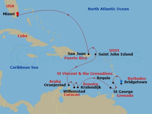 Silver Spirit - 12 Night - Bridgetown to Miami - Silver Spirit - Starting in Bridgetown, Bequia, St Georges, Kralendijk, Bonaire, Willemstad AN, Curacao, Oranjestad, Aruba, S.. itinerary map