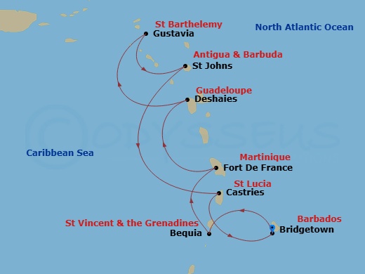 Silver Spirit - 7 Night - Bridgetown to Bridgetown - Silver Spirit - Starting in Bridgetown, Bequia, Fort-de-France, Deshaies, Gustavia, St Barthelemy, St Johns, Castries, St.. itinerary map