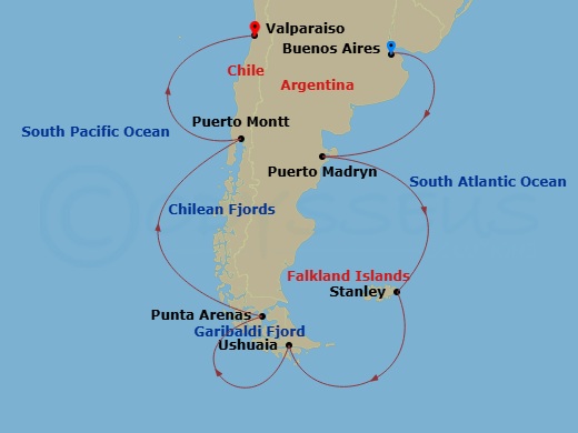 16 Night - Buenos Aires to Valparaiso - Silver Nova - Starting in Buenos Aires, Puerto Madryn, Port Stanley, Falkland Islands, Ushuaia, Garibaldi Fjord and Glacier, Punta Arenas, Cruise Chilean Fjords, Puerto Montt, Valparaiso itinerary map