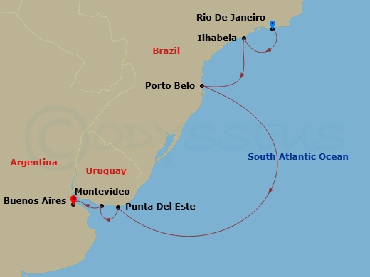 Silver Nova - 10 Night - Rio De Janeiro to Buenos Aires - Silver Nova - Starting in Rio De Janeiro, Ilhabela, Brazil, Porto Belo, Punta Del Este, Montevideo, Buenos Aires itinerary map