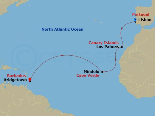 Silver Nova - 12 Night - Lisbon to Bridgetown - Silver Nova - Starting in Lisbon, Las Palmas, Canary Islands, Mindelo, Bridgetown itinerary map