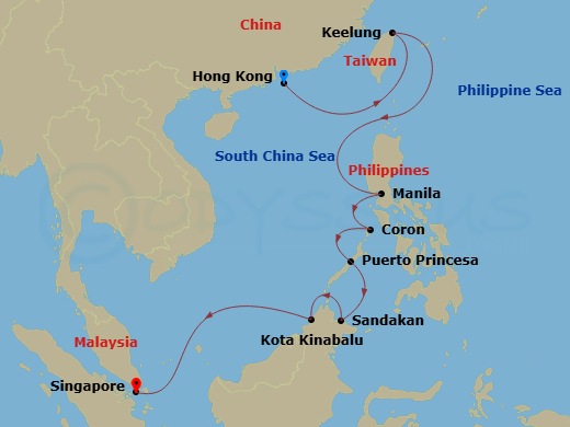 Silver Muse - 14 Night - Hong Kong to Singapore - Silver Muse - Starting in Hong Kong, Keelung, Taiwan, Manila, Coron (Palawan), Puerto Princesa, Palawan, Sandakan (Sabah),.. itinerary map