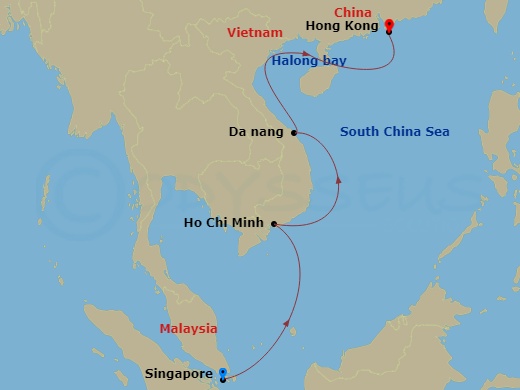 Silver Muse - 14 Night - Singapore to Hong Kong - Silver Muse - Starting in Singapore, Ho Chi Minh City, Chan May (Hue / Danang), Ha Long Bay, Hong Kong itinerary map