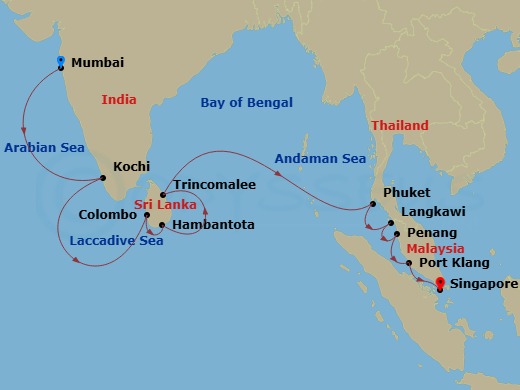 Silver Muse - 18 Night - Mumbai to Singapore - Silver Muse - Starting in Mumbai, Cochin, Colombo, Hambantota, Trincomalee, Phuket, Langkawi, Penang, George Town, Port Klang.. itinerary map