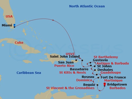 Silver Ray - 12 Night - Miami to Bridgetown - Silver Ray - Starting in Miami, Fl, San Juan, St John VI, St Kitts (Basseterre), Gustavia, St Barthelemy, St Johns, Deshaies,.. itinerary map