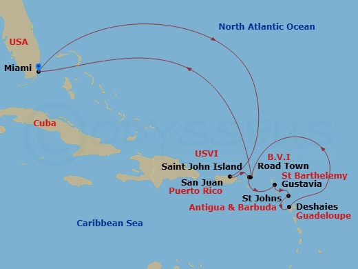 Silver Ray - 11 Night - Miami to Miami - Silver Ray - Starting in Miami, Fl, San Juan, St John VI, Gustavia, St Barthelemy, St Johns, Deshaies, Road Town, Tortola, Miami, Fl itinerary map