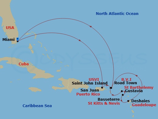 Silver Ray - 11 Night - Miami to Miami - Silver Ray - Starting in Miami, Fl, San Juan, St John VI, Gustavia, St Barthelemy, St Kitts (Basseterre), Deshaies, Road Town, Tor.. itinerary map