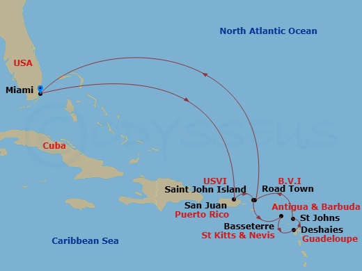 Silver Ray - 11 Night - Miami to Miami - Silver Ray - Starting in Miami, Fl, San Juan, St John VI, St Kitts (Basseterre), Deshaies, St Johns, Road Town, Tortola, Miami, Fl itinerary map