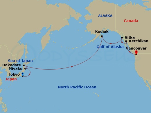 16 Night - Tokyo to Vancouver - Silver Moon - Starting in Tokyo, Miyako, Iwate, Hakodate (Hokkaido), Date Line gain a day, Kodiak Island, Alaska, Sitka, Alaska, Ketchikan, Alaska, Vancouver itinerary map