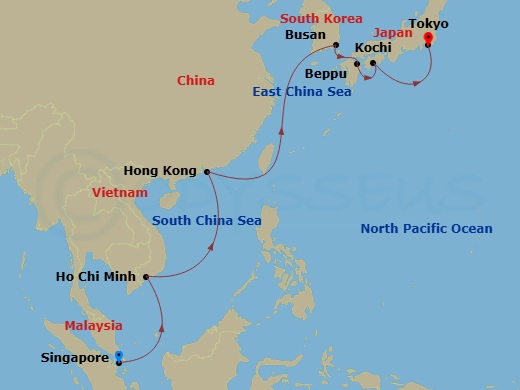 Silver Moon - 16 Night - Singapore to Tokyo - Silver Moon - Starting in Singapore, Ho Chi Minh City, Hong Kong, Busan, Kanmon Straits Passage, Beppu (Kyushu Island), Kochi,.. itinerary map