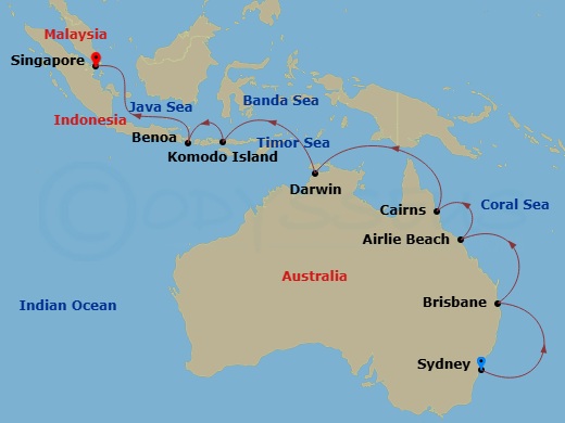 Silver Moon - 18 Night - Sydney to Singapore - Silver Moon - Starting in Sydney AU, Brisbane, Airlie Beach, Cairns, Darwin, Komodo Island, Benoa, Bali, Singapore itinerary map