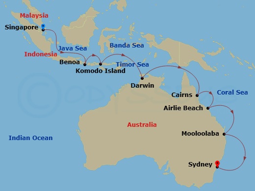 Silver Moon - 18 Night - Singapore to Sydney - Silver Moon - Starting in Singapore, Benoa, Bali, Komodo Island, Darwin, Cairns, Airlie Beach, Mooloolaba, Sydney AU itinerary map