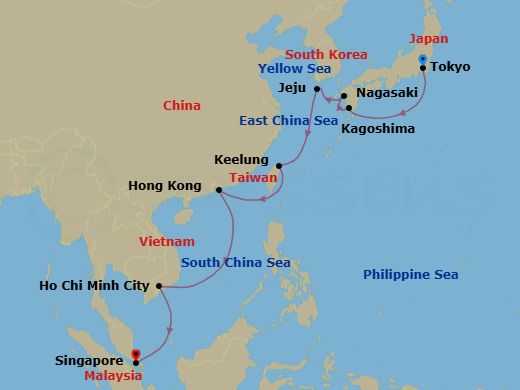 16 Night - Tokyo to Singapore - Silver Moon - Starting in Tokyo, Kagoshima (Kyushu Island), Nagasaki, Jeju, Keelung, Taiwan, Hong Kong, Ho Chi Minh City, Singapore itinerary map