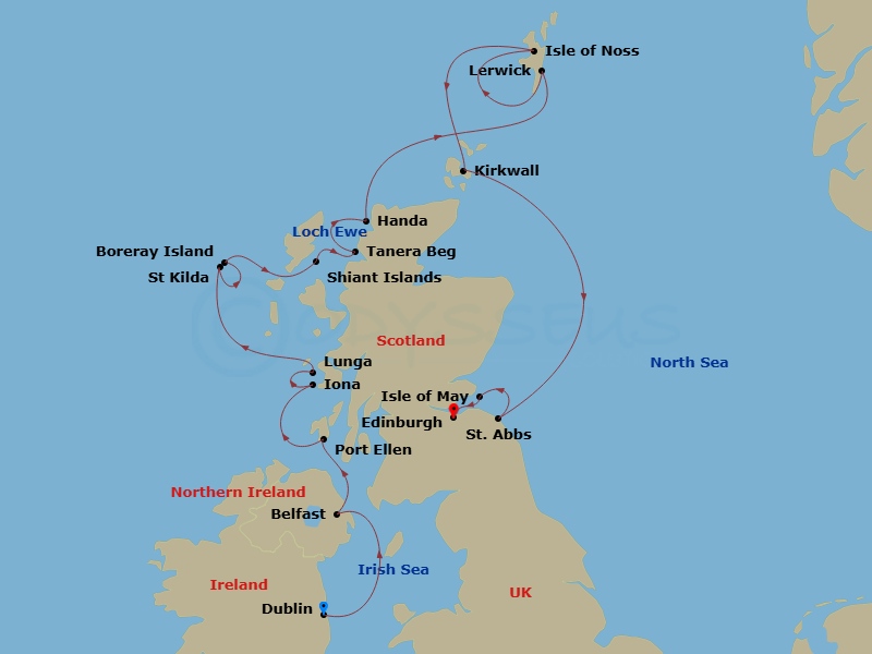 Silver Endeavour - 11 Night - Dublin to Edinburgh - Silver Endeavour - Starting in Dublin, Belfast, Port Ellen, Islay Island, Scotland, Iona, Lunga, St Kilda, Boreray Island cru.. itinerary map