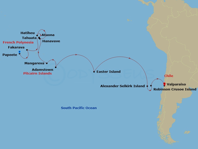 Silver Cloud Expedition - 23 Night - Papeete to Valparaiso - Silver Cloud Expedition - Starting in Papeete (Tahiti), Fakarava, Tuamotu Archipelago, Atuona / Hiva Oa, Marquesas Island,.. itinerary map