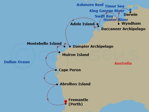 Silver Cloud Expedition - 17 Night - Darwin to Fremantle - Silver Cloud Expedition - Starting in Darwin, Wyndham, King George River (Kimberley, Western Australia), Swift Bay, Ashmore R.. itinerary map