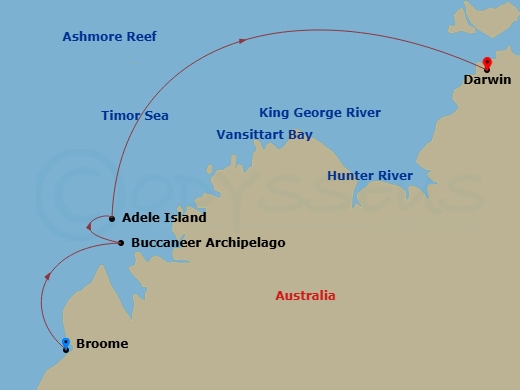 Silver Cloud Expedition - 10 Night - Broome to Darwin - Silver Cloud Expedition - Starting in Broome (Kimberley), Buccaneer Archipelago Region, Adele Island, Kimberley, Hunter River Re.. itinerary map