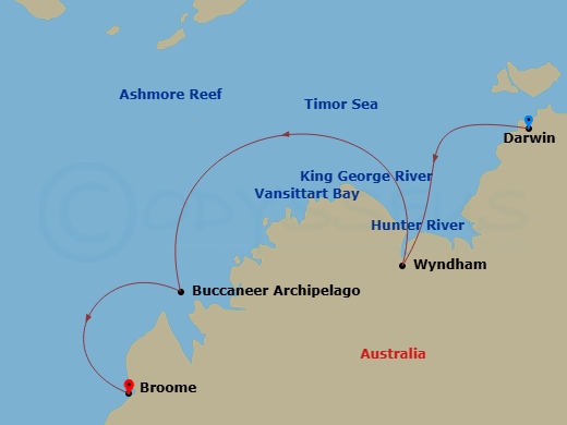 Silver Cloud Expedition - 10 Night - Darwin to Broome - Silver Cloud Expedition - Starting in Darwin, Ashmore Reef, Wyndham, King George River (Kimberley, Western Australia), Vansittar.. itinerary map