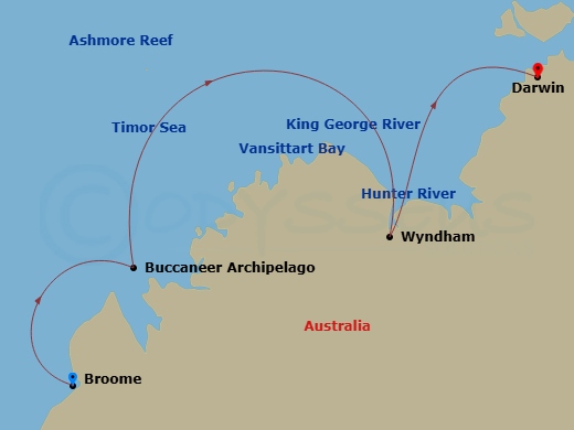 Silver Cloud Expedition - 10 Night - Broome to Darwin - Silver Cloud Expedition - Starting in Broome (Kimberley), Buccaneer Archipelago Region, Hunter River Region, Western Australia,.. itinerary map