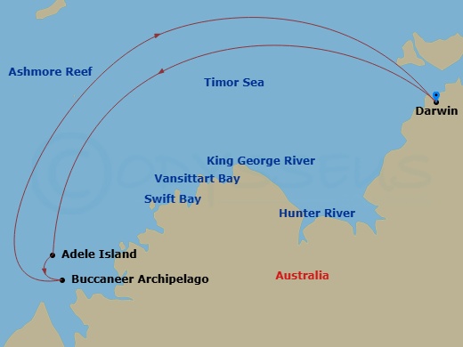 Silver Cloud Expedition - 10 Night - Darwin to Darwin - Silver Cloud Expedition - Starting in Darwin, King George River (Kimberley, Western Australia), Swift Bay, Ashmore Reef, Adele I.. itinerary map