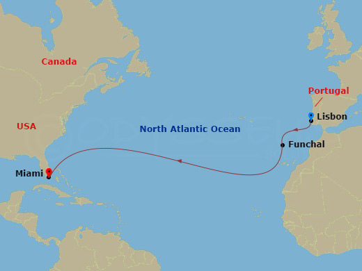 Silver Dawn - 12 Night - Lisbon to Miami - Silver Dawn - Starting in Lisbon, Funchal, Madeira, Miami, Fl itinerary map