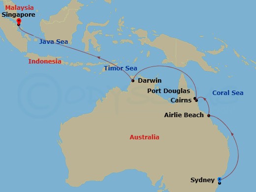 Celebrity Solstice - 13 Night - Australia Cruise - Celebrity Solstice - Starting in Sydney AU, Airlie Beach, Australia, Cairns (Yorkeys Knob), Australia, Port Douglas, Australia,.. itinerary map