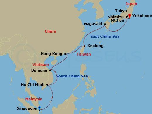 Celebrity Millennium - 15 Night - Best of Japan, Vietnam & Hong Kong - Celebrity Millennium - Starting in Singapore, Ho Chi Minh (Phu My), Vietnam, Hue / Danang (Chan May), Vietnam,.. itinerary map