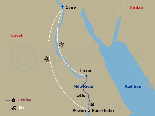 MS Farah Cruise Tours - 9 Night - Taste of Egypt - MS Farah Cruise Tours - Starting in Cairo, Egypt, Cairo, Cairo / Luxor (Embarkation), Luxor / Edfu, Edfu / Kom Ombo / Aswan, Aswan,.. itinerary map