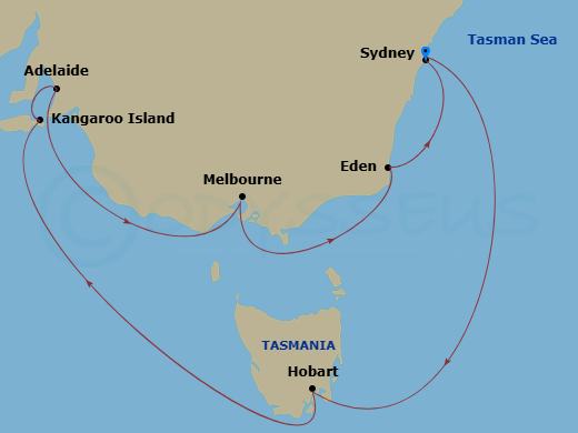 Celebrity Solstice - 10 Night - Australia Wine & Tasmania - Celebrity Solstice - Starting in Sydney AU, Hobart, Tasmania, Kangaroo Island (Penneshaw), Adelaide, Australia, Melbour.. itinerary map