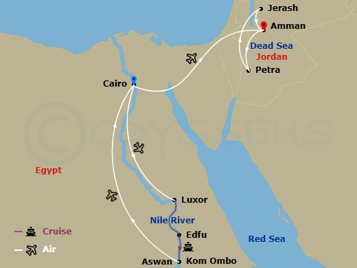 MS Farah Cruise Tours - 13 Night - Taste of Egypt with Jordan - MS Farah Cruise Tours - Starting in Cairo, Egypt, Cairo, Cairo / Luxor (Embarkation), Luxor / Edfu, Edfu / Kom Ombo /.. itinerary map