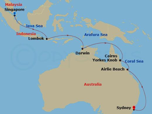 Celebrity Solstice - 13 Night - Australia Cruise - Celebrity Solstice - Starting in Singapore, Lombok, Indonesia, Darwin, Australia, Cairns (Yorkeys Knob), Australia, Airlie Beach.. itinerary map