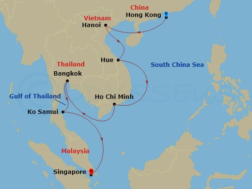 Celebrity Solstice - 11 Night - Vietnam & Thailand Cruise - Celebrity Solstice - Starting in Hong Kong, China, Hanoi (Halong Bay), Vietnam, Hue / Danang (Chan May), Vietnam, Ho Ch.. itinerary map