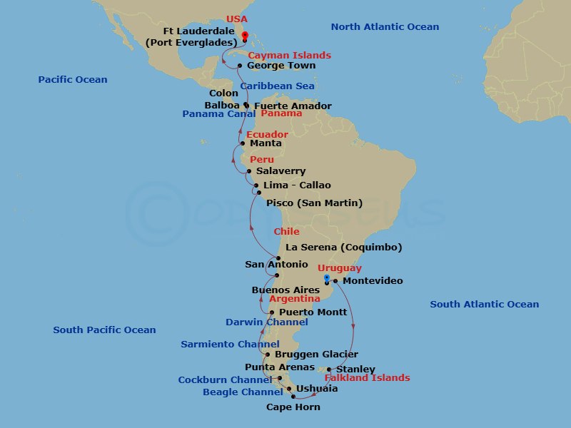 HAL Oosterdam - 31 Night - Panama Canal, Inca & South America : Chilean Fjords - HAL Oosterdam - Starting in Buenos Aires, Argentina, Montevideo, Uruguay, Port Stanley, Falkl.. itinerary map