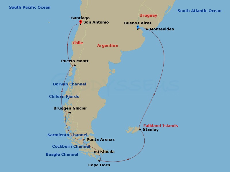 HAL Oosterdam - 15 Night - South America Pathways : Chilean Fjords & Glaciers - HAL Oosterdam - Starting in Buenos Aires, Argentina, Montevideo, Uruguay, Port Stanley, Falkla.. itinerary map