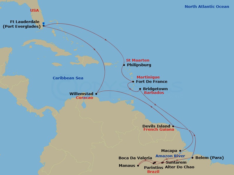 HAL Volendam - 27 Night - Legendary Amazon Explorer - HAL Volendam - Starting in Fort Lauderdale, Florida, Philipsburg, Sint Maarten, Fort-De-France, Martinique, Bridgetown,.. itinerary map