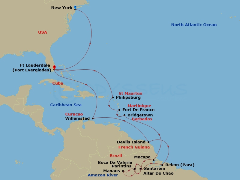 HAL Volendam - 30 Night - Legendary Amazon Explorer - HAL Volendam - Starting in New York, Fort Lauderdale, Florida, Philipsburg, Sint Maarten, Fort-De-France, Martinique, B.. itinerary map